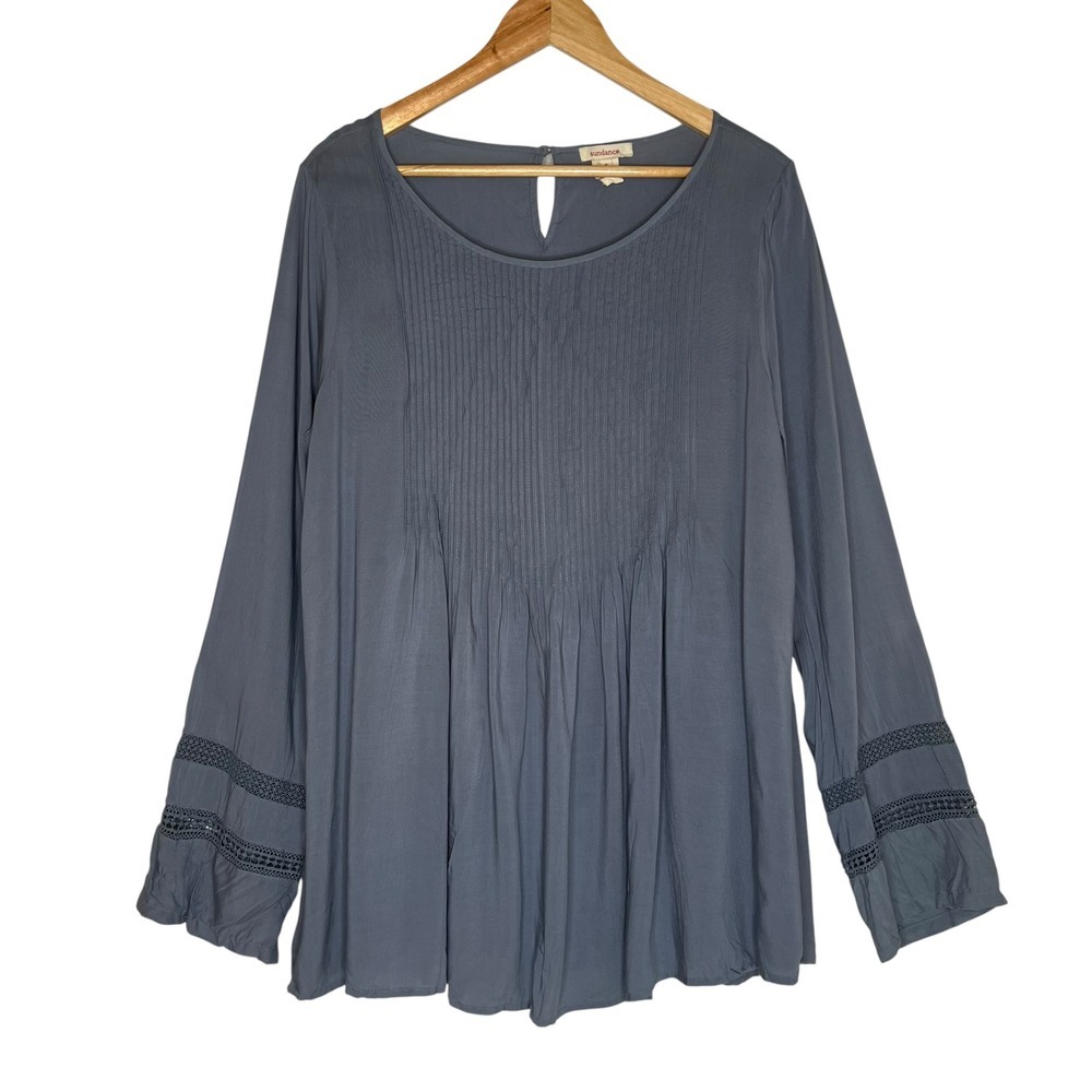 Sundance Catalog Pintuck Ling Sleeve Tunic Blouse Crochet Sleeve Dusty Blue SZ S